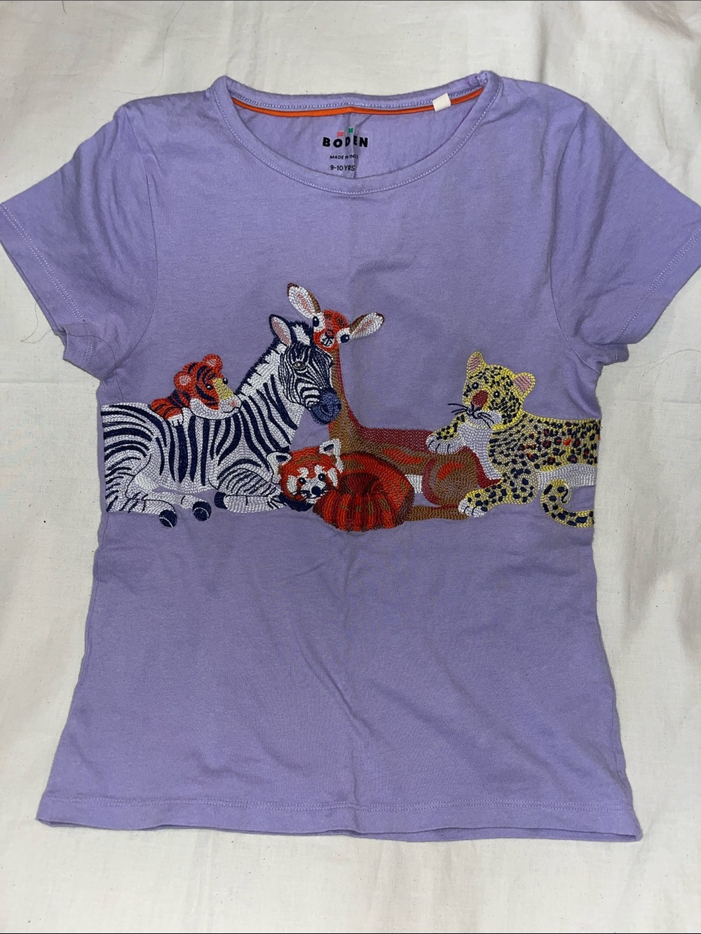 Mini Boden Lavender Short Sleeve Tee with Colorful Embroidered Safari Animals